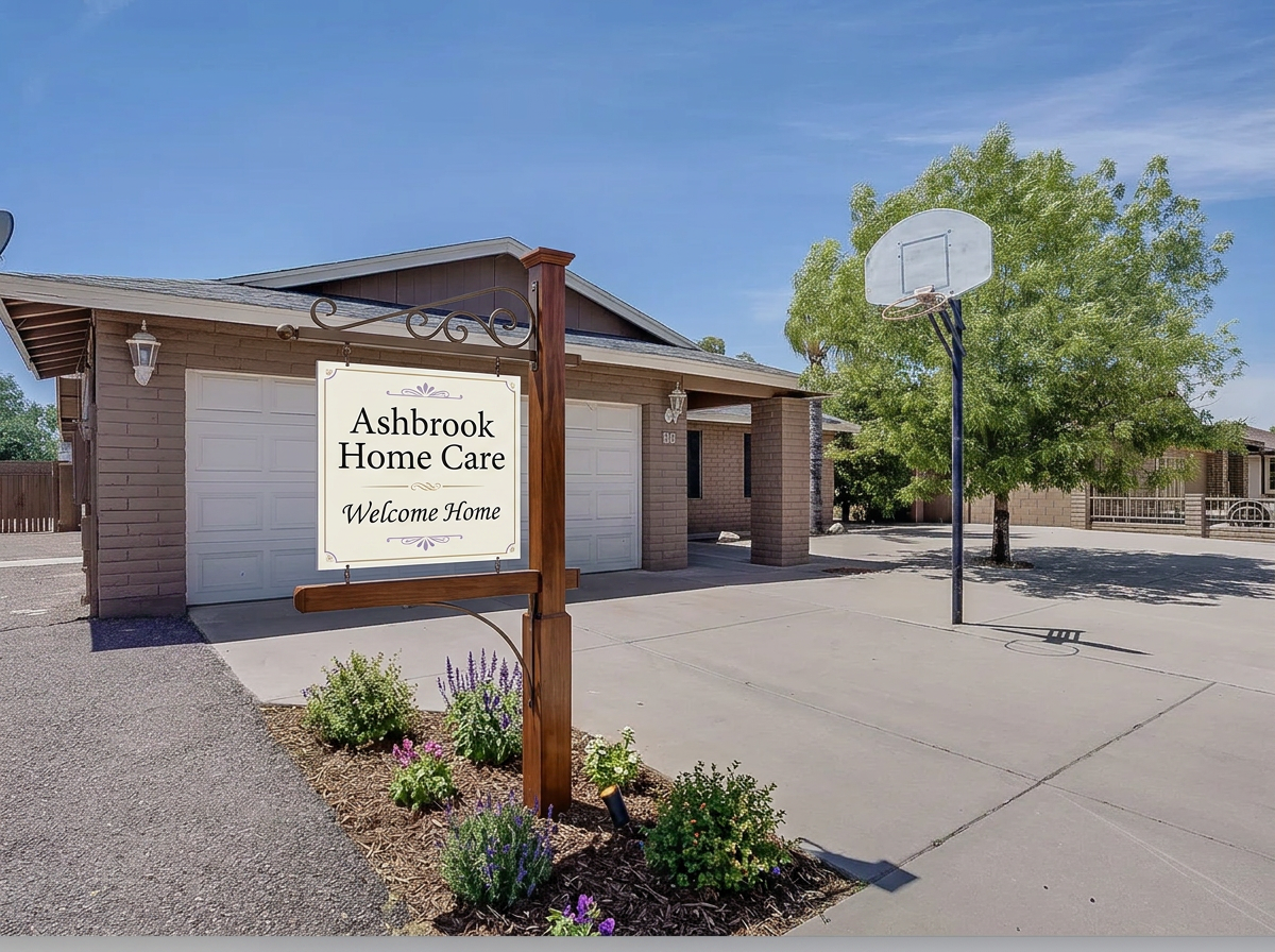 Ashbrook Home Care residence exterior with Welcome Home sign